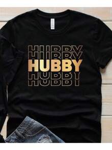 1pc His & Hers Matching Couple T-Shirts - Funny "Hubby & Wifey" Printed 100%Cotton 180g Crew Neck Short Sleeve Tees For Valentine's Day Couple Outfits - 男性 - 查看 2
