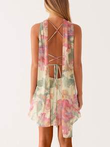 Women Y2k Floral Mini Dress Flower Halter Sheer Mesh Tie Back Short Dresses Summer Party Dress With Scarf - Màu be - Xem 3