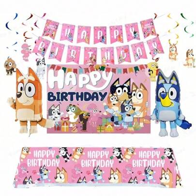 Bluey Pink Bluey Birthday Decorations Latex Aluminum Foil Balloons Bingo Theme Party Event Supplies,Party Tablecloth Decoration Background Birthday Party,Perfect Party Decoration Surprise Gift(Random Style)