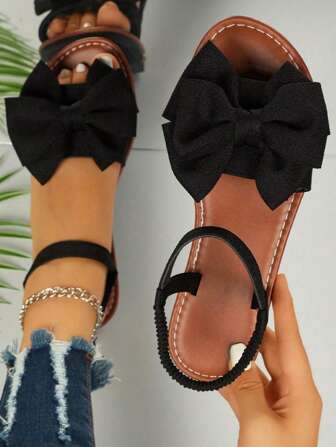 1 Pair Summer Teenage Fashion Flat Sandals With Bow Decor, Stylish & Sweet, Suitable For Teenage Casual, Travel, Vacation Beach Wear
