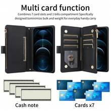 Luxury Wallet Fashion Double Button Small Fragrant Wind With Zipper Card Slot Photo Frame Kickstand Function Magnetism Flip PU Artificial Leather Case Compatible With Samsung Galaxy Compatible With IPhone, Soft Silicone With Hand Strap Business Shockproof Protective Cover Waterproof Anti-Fall Scratch Resistant - Black - View 8