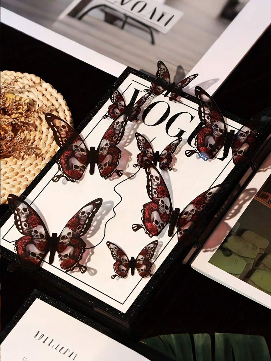 12 件现代哥特式蝴蝶墙贴，骷髅玫瑰图案，自粘式 PVC 墙贴，适用于万圣节装饰，一次性使用不对称形状