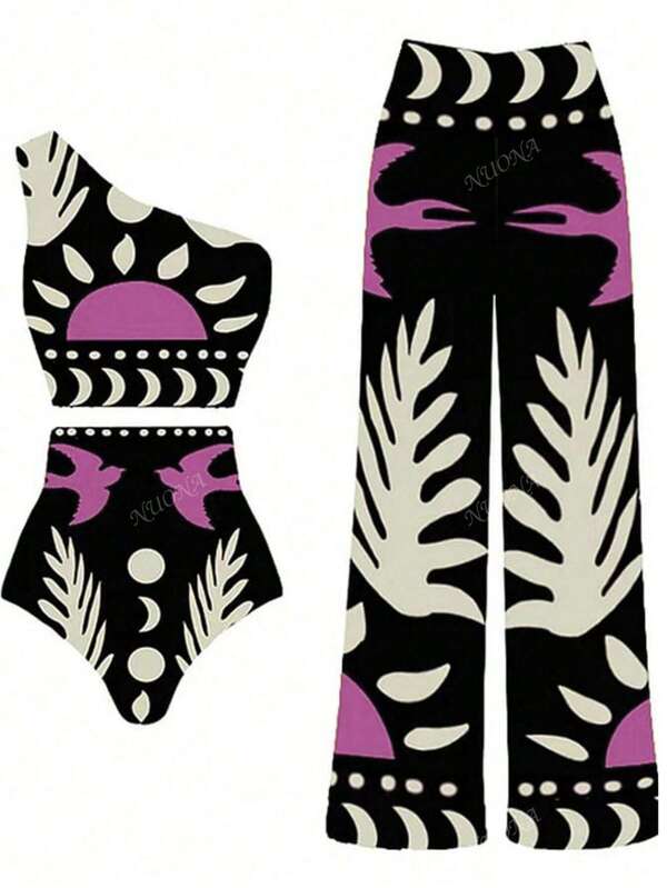Nuevo artículo caliente Traje de baño conjunto de 3 piezas (Top, Bottom, Cobertura) con estampado de malla, estilo sexy europeo y americano