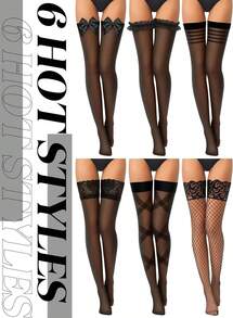 Janmercy 6 Pairs Thigh High Stockings Fishnet Stockings Lace Top Fishnet Lingerie Over The Knee Fish Net Stocking Tights High (Classic Style) - 白色 - 查看 3
