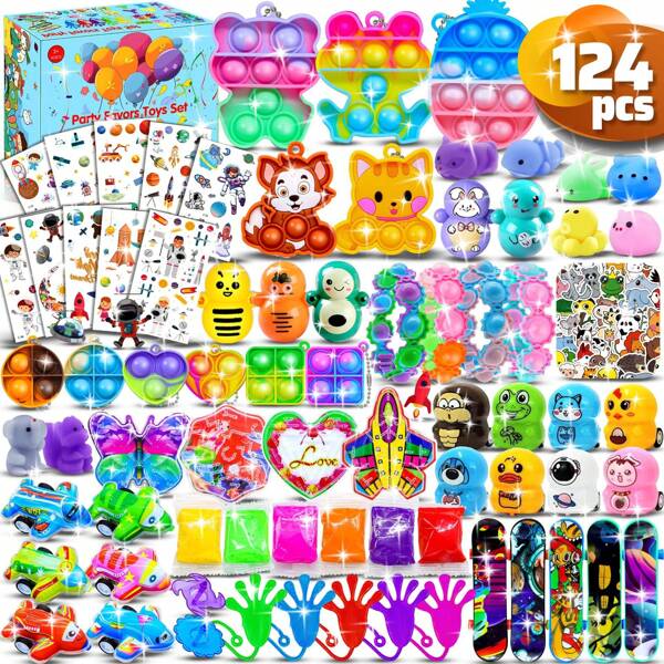 124/135 Mini Assembly Stress Relief Toys, Party Favors, Dorm Social Toys, Treasure Box Toys, Gift Bags, Kids' Prizes, Toddler Toy Accessory Sets, Stress Relief Toys, Birthday Party Bag Fillers, Christmas Stocking Stuffers, Classroom Rewards, Party Bag Fillers, Bulk Stress Relief Toys For Boys & Girls Ages 3+ (Random Assortment Of Styles & Colors) (Items Consist Of Various Mini Toys)