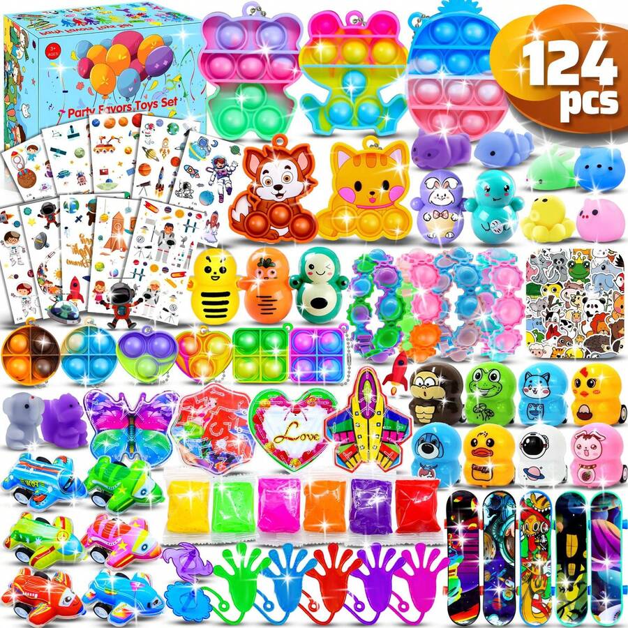 124/135 Mini Assembly Stress Relief Toys, Party Favors, Dorm Social Toys, Treasure Box Toys, Gift Bags, Kids' Prizes, Toddler Toy Accessory Sets, Stress Relief Toys, Birthday Party Bag Fillers, Christmas Stocking Stuffers, Classroom Rewards, Party Bag Fillers, Bulk Stress Relief Toys For Boys & Girls Ages 3+ (Random Assortment Of Styles & Colors) (Items Include: Stickers, Various Small Toys)