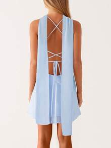 Women Y2k Floral Mini Dress Flower Halter Sheer Mesh Tie Back Short Dresses Summer Party Dress With Scarf - 淺藍色 - 查看 3