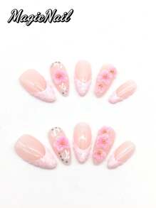 10 Pieces Of Pure Hand-Pressed Wearable Nails,Press On Nails,Nail Supplies,Nails Ptess On,Beach Essentials, 25mm-Length Nail Pieces, Pink White Pink Contrasting Pink Glitter Pink Drawing Convex Shape, Hand-Kneaded Raised Flowers Pink Drawing Golden Small Ball Stamens, Hand-Painted White Lines, Spring And Summer Style, Cute Nail Pieces. Suitable For Daily Leisure And Vacation Wear.