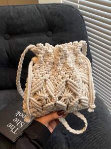 1pc Hollow Weaved Bucket Crossbody Bag, Women New Small Woven Bag, Unique Beach Vacation Style Shoulder Bag, Fashion Chic Envelope Bag