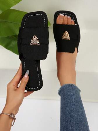 Women's Black Square Toe Flat Slides With Metal Leopard Head Buckle Decor, Hemp Fabric Slip-On Outdoor Beach Sandals, Elegant Casual Versatile Summer New Style