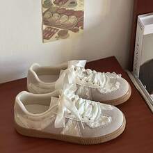 女士休闲鞋，纯色学院风复古风格中国蕾丝拼接运动鞋，适合户外、度假、婚礼、学校、办公室、健身房、家居、春夏秋冬时尚运动鞋 - 米色 - 查看 4