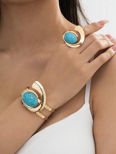 1 set de joyas con brazalete, anillo y accesorios de perlas incrustadas en metal exagerado de moda - regalo festivo