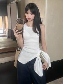 女款純色不對稱休閒居家與街頭風背心 - 白色 - 查看 8