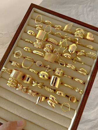 6/14/15/25pcs Chunky Asymmetrical Geometric Textured Liquid Shape Heart Water Drop Criss-Cross Multi-Layer Minimalist Plain Circle Wave Metal Exaggerated Wide Band Chunky Ring Set, Fashion Elegant Vintage Design, Suitable For Holiday, Party, Date, Gift, Daily Wear