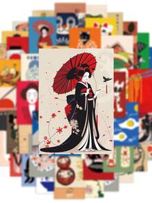 50 张日式海报贴纸，可爱卡通艺伎和达摩贴纸，防水 PVC 材质，适用于头盔装饰、汽车装饰、派对装饰、标签、自粘贴纸、剪贴簿、笔记本电脑、行李箱、吉他、水瓶、手机壳、时尚装饰、办公室装饰 - 彩色 - 查看 2