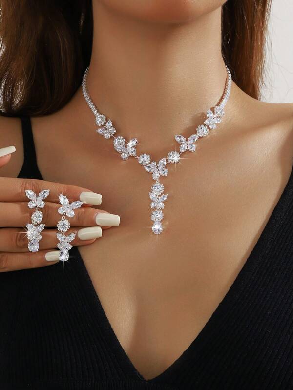 3pcs Cubic Zirconia Butterfly Design Sophisticated Versatile Necklace And Earrings Set, Suitable For Women's Daily, School, Dating, Wedding, Party, Valentine's, Holiday Gift