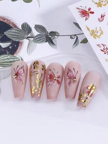 2 件盛开的花朵蝴蝶指甲贴纸金属红金色花朵法式美甲装饰指甲贴花粘性 DIY 贴纸适合女士女孩日式指甲艺术