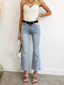 Quần Jeans Ống Loe Nữ, Quần Ống Loe Thường Ngày, Quần Ống Loe, Màu Trơn Đơn Giản & Thời Trang Có Túi & Khóa Kéo, Thích Hợp Cho Mùa Đông, Mùa Thu, Mùa Hè - Màu xanh nhạt - Xem 4