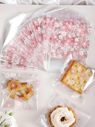 100个方形花卉图案自粘糖果袋 - 一次性塑料包装，适用于蛋糕、巧克力和糖果 - 非常适合万圣节、圣诞节、感恩节、零食储存 | 节日设计袋 | 塑料拉链袋