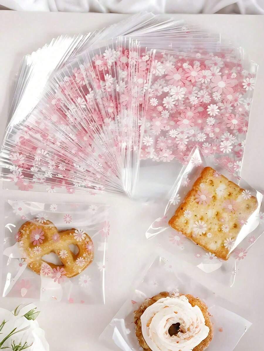 100 túi đựng kẹo vuông tự dính họa tiết hoa - Bao bì nhựa dùng một lần, thích hợp đựng bánh ngọt, sô cô la và kẹo - Tuyệt vời cho Halloween, Giáng sinh, Lễ Tạ ơn, để đựng đồ ăn vặt | Túi thiết kế ngày lễ | Túi nhựa khóa kéo - Màu Hồng baby - Xem 1