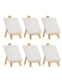 1/4/5/6PCS Mini Canvas And Easel Set Mini Canvas Panels Mini Wood Easels, Canvas Size Is 3.9" X 3.9"; Easel Size Is 3.1" X 5.9" For Kids Painting, Oil Painting And Diy Doodle,Back To School,School Supplies