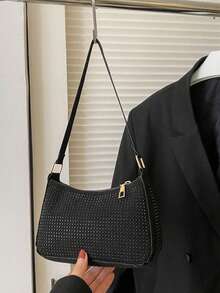 Bolso tipo baguette mini con remaches, bolso de hombro de unicolor, bolso de sobaco, bolso cuadrado apto para compras, billetera, compras, mujeres jóvenes, estudiantes universitarias, principiantes, oficinistas. Apropiado para oficina, universidad, trabajo, negocios, viajes al trabajo, actividades al aire libre, viajes y picnics - Negro - Ver 10