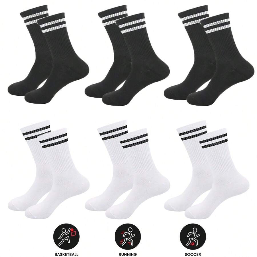 2/6/12 Pairs Unisex Black & White Crew Socks, Suitable For All Seasons, Striped Trim Casual Round Neck Socks, Retro Fitness & Running Socks - Multicolor - View 1
