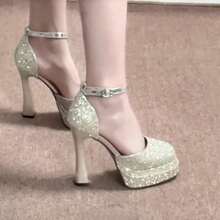 2025 Glitter Platform Bridal Heels – Sparkly Chunky Wedding Shoes For Brides - Champagne - View 1