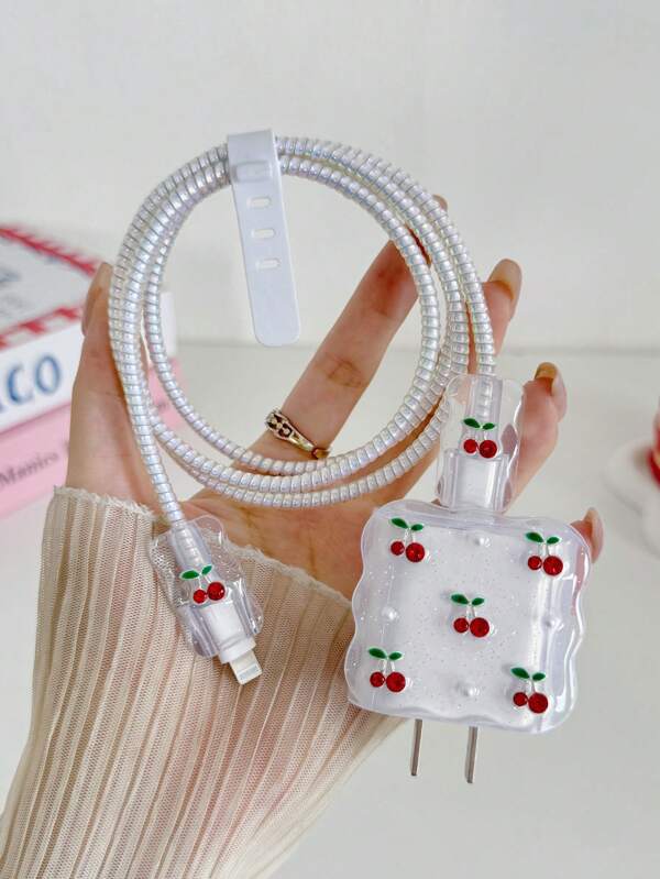 5pcs Red Rhinestone Cherry And Pearl Design Mobile Phone Charger Set 20W/18W, Charging Cable Protection Rope, Charging Head Protection Case, Compatible With IPhone Charger Cable Protector, Charger Accessories, Phone Accessories