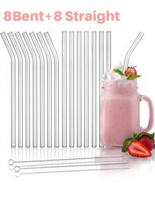 16 pièces de pailles en verre colorées avec 2 brosses de nettoyage - pailles réutilisables de 8 mm, 4 droites et 4 courbes, fournitures de fête pour smoothies, cocktails, cafés glacés, cadeau parfait pour la maison, les mariages ou les événements