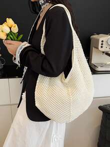 Yogodlns 时尚女士镂空编织单肩包大容量针织腋下包纯色钩针托特包夏季网眼沙滩包休闲大容量棉织包镂空设计单肩包女旅行度假沙滩包 - 米色 - 查看 4