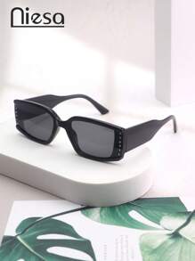 Modische rechteckige Kristall besetzte Gläser hochwertige Damenbrille, vielseitiges lässiges Strandreise Accessoire, einfarbig, PC (Polycarbonat) legere Mode für Frauen, ganzjähriger Preppy-Stil für den Schulanfang rechteckiger Strass-Dekor