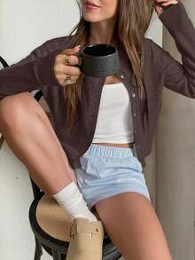 FOR BEAUTY 女士圆领珍珠纽扣长袖针织开衫，女士短款休闲宽松舒适咖啡色毛衣外套，新年上衣 - 咖色 - 查看 2