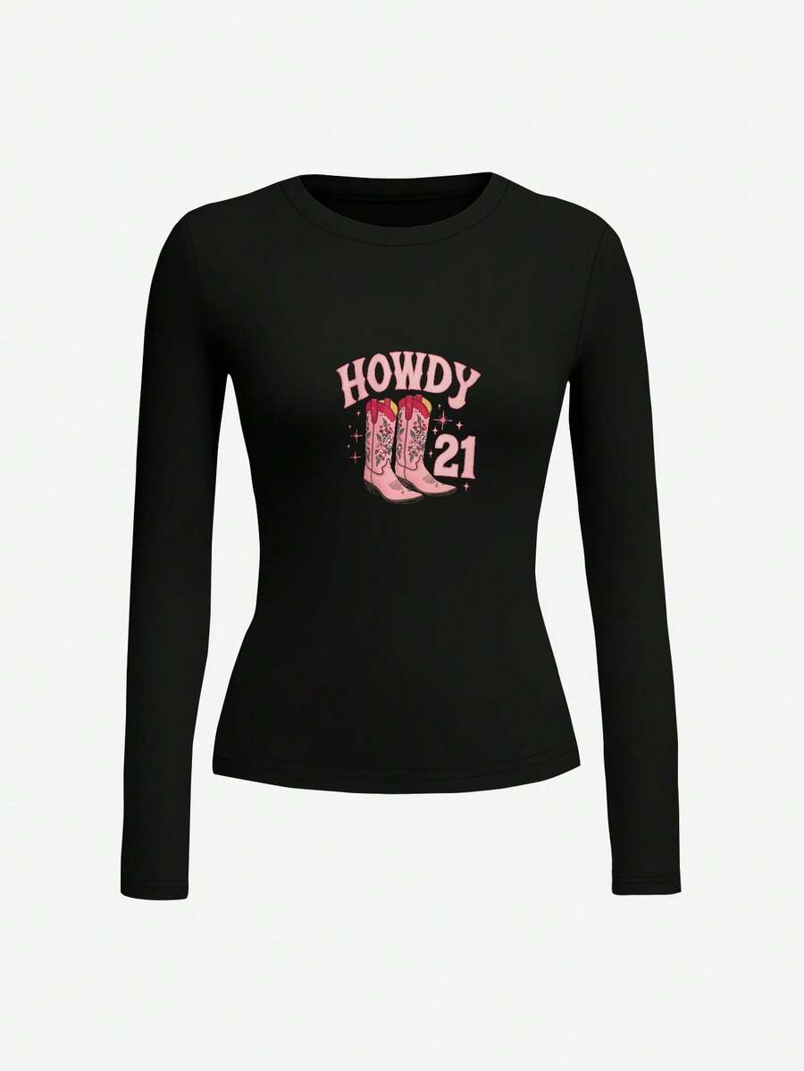 Howdy Pink Cowboy Boots 21 Women's Fashion Long Sleeve Shirt,Y2K, Streetwear, Casual, Rock,Crew Neck,Tee For Women, Holiday, Vacation,Festival,Daily Wear,Outfit Tops - 黑色 - 查看 1
