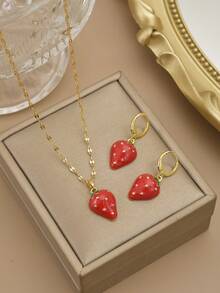 3pcs Set Red 3D Strawberry Stainless Steel Delicate Luxurious Women Necklace & Earrings - Yellow Gold - View 2