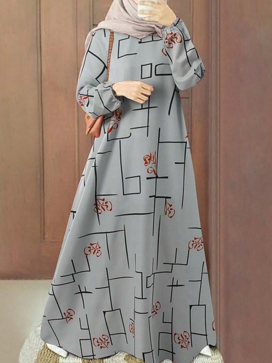 开斋节快乐印花休闲宽松圆领长袖连衣裙 - 灰色 - 查看 1