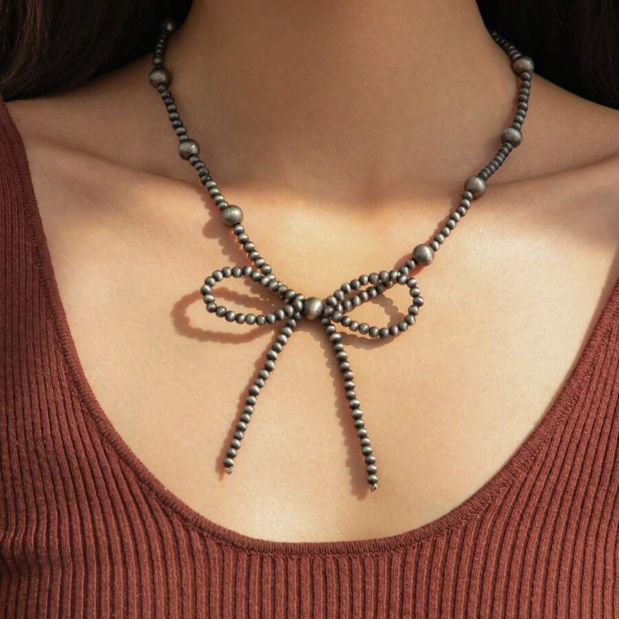 Bohemien Vintage Stil Kunstperlen Schleife Halskette Westlicher Schmuck - Für Frauen Cowgirl, perfekt für den Alltag und als Geschenk