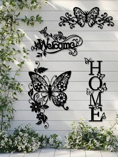 1pc Butterfly Metal Wall Art, Butterfly Welcome Sign, Wrought Iron Butterfly Mural, Indoor And Outdoor Wall Decoration, Suitable For Home Decoration, Garden Decoration, Bedroom Decoration, Room Decoration, Entrance, Balcony, Porch, Birthday Gift, Halloween Thanksgiving Christmas, Ideal Gift For Family/Friends
