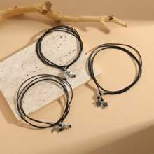1 pieza Tobillera ajustable casual con cuerda negra, cuentas plateadas, flores, estrellas y luna como decoración, adecuada para uso en vacaciones en la playa de mujeres