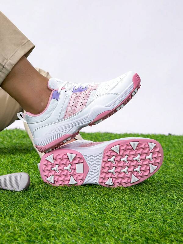 1 Par de Sapatos Casuais Esportivos de Golfe Rosa com Parte Superior em Microfibra+Tela, Sola de Borracha Confortável com Pregos Fixos para Antiderrapante