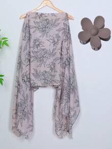 2 件女士柔软撞色渐变披肩花朵发圈套装雪纺披肩彩色发圈发饰套装时尚夏季围巾发饰套装长披肩和围巾头饰套装