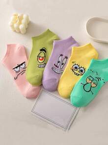 SPONGEBOB 1/3/5/10 pares de calcetines de tobillo para mujer con estampado de Bob Esponja, calcetines de dibujos animados divertidos y novedosos, calcetines transpirables y que absorben la humedad de corte bajo para uso diario en verano - Multicolor - Ver 3