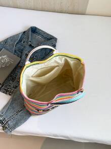 Bolsa tote de palha grande com letras listradas coloridas e bordadas, leve e prática, cor contrastante, bolsa para viagem na praia, adequada para mulheres, bolsa versátil, bolsa para laptop, bolsa de múmia, bolsa de viagem, bolsa grande unissex