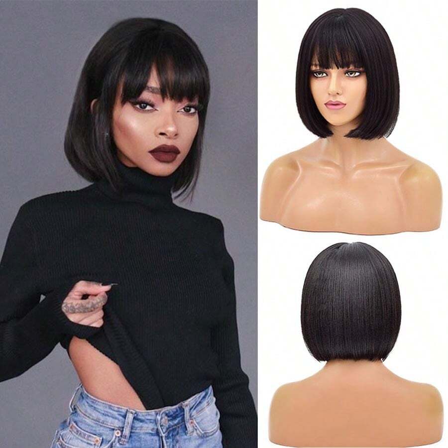 12inch Black Bob Bangs Short Straight Wig Female Synthetic Fiber Head Cover Short Bob Wig