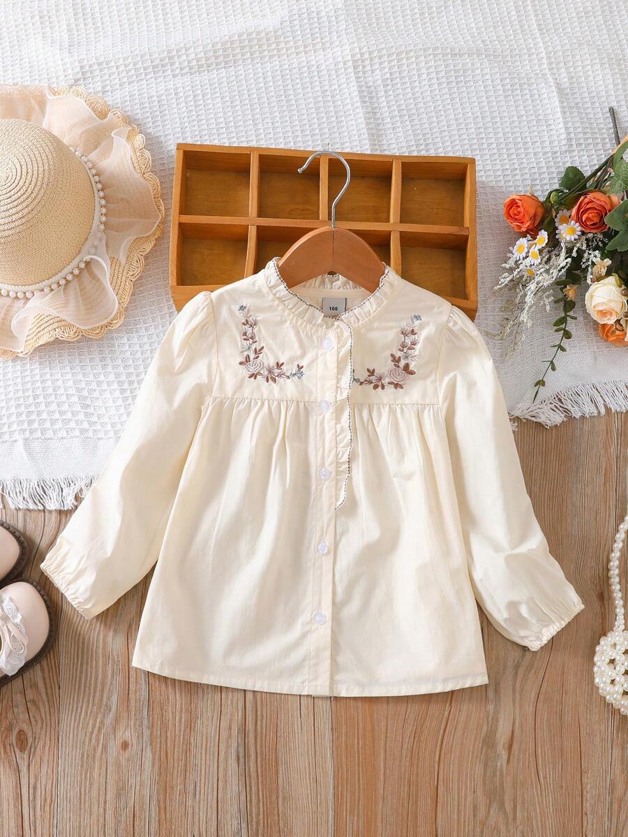 年轻女孩法式刺绣花卉蕾丝领口纽扣前褶边袖口优雅长袖衬衫 - 杏色 - 查看 1