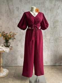 Rusttydustty Plus Size 2 Pieces Set Puff Sleeve Crop Top And High Waist Wide Leg Pants For Summer Casual Wear Boho Western Women Clothes - Burgundy - View 4