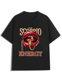 Big Scorpio Energy Lip And Scorpion Design ,Casual Print,Comfortable And Versatile,Letter Pattern Pure Cotton 220g Printed T-Shirt - Black - View 1