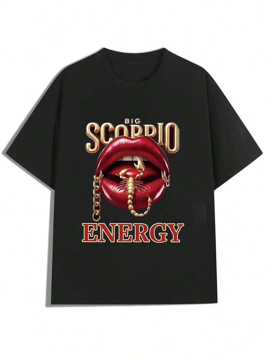 Big Scorpio Energy Lip And Scorpion Design ,Casual Print,Comfortable And Versatile,Letter Pattern Pure Cotton 220g Printed T-Shirt - Black - View 1