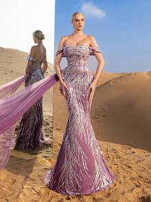 Faeriesty Váy dạ hội trễ vai thanh lịch dành cho nữ với chi tiết thắt nơ ở lưng, dây thắt lưng bằng vải tuyn mềm mại và dáng đuôi cá - Hoàn hảo cho các buổi dạ tiệc thảm đỏ, tiệc tối trang trọng, tiệc cưới, tiệc chiêu đãi trang trọng và lễ kỷ niệm xa hoa - Màu tím hoa cà - Xem 4