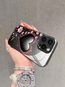 1 pieza Funda de teléfono de vidrio templado con diseño de corazón negro y brillo floral y de hoja rosa, compatible con iPhone 16 Pro Max/15/14 Plus/13/12/11/XR/8 Plus, Galaxy S25/S24/S23 Ultra/S22/S20, A53/A52/A15/A16/A04S